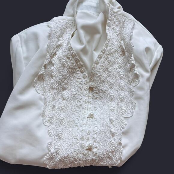 vintage White lace button up blouse sz 14 pearl delicate romantic cottage - Picture 5 of 8